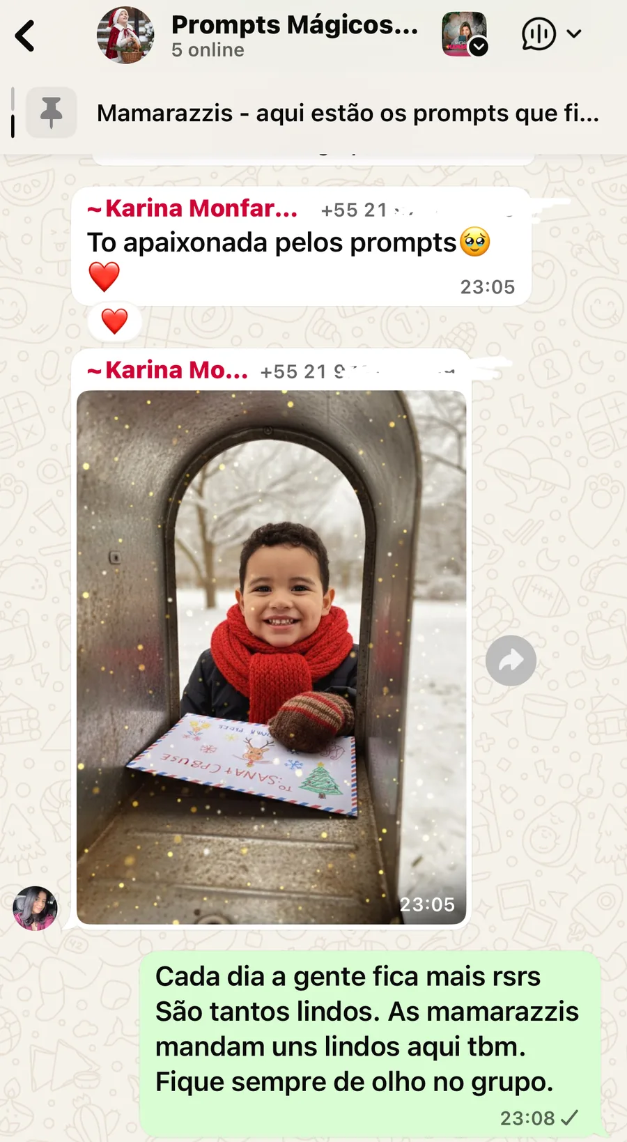 Print de cliente no grupo do WhatsApp mostrando o retrato criado