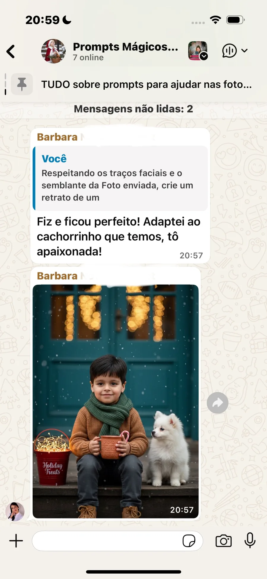 Print de cliente no grupo do WhatsApp mostrando o retrato criado