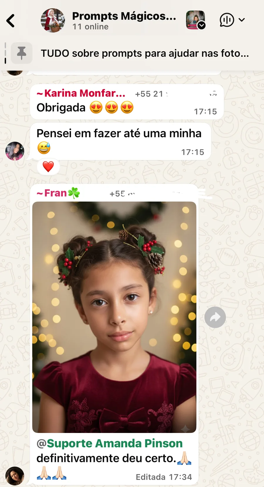 Print de cliente no grupo do WhatsApp mostrando o retrato criado