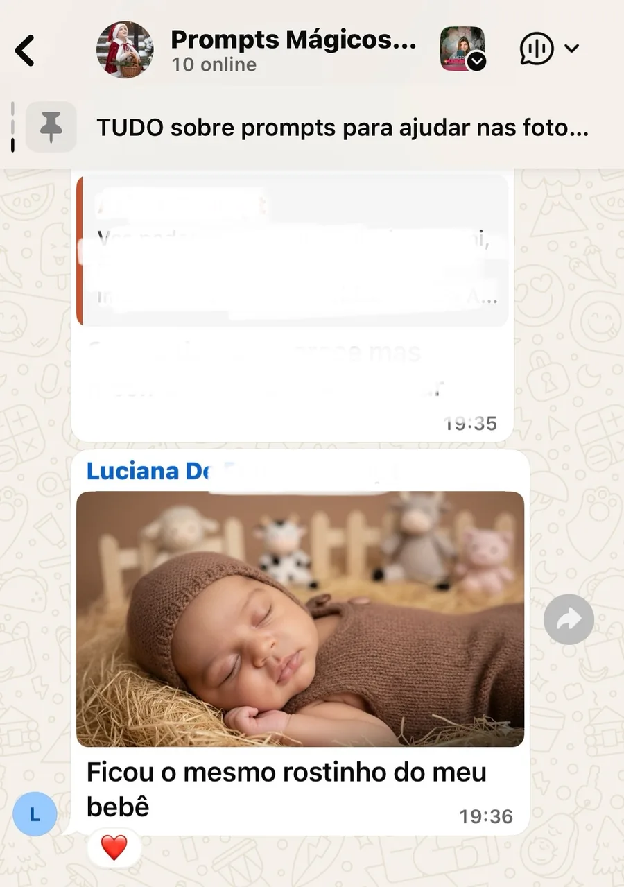 Print de cliente no grupo do WhatsApp mostrando o retrato criado